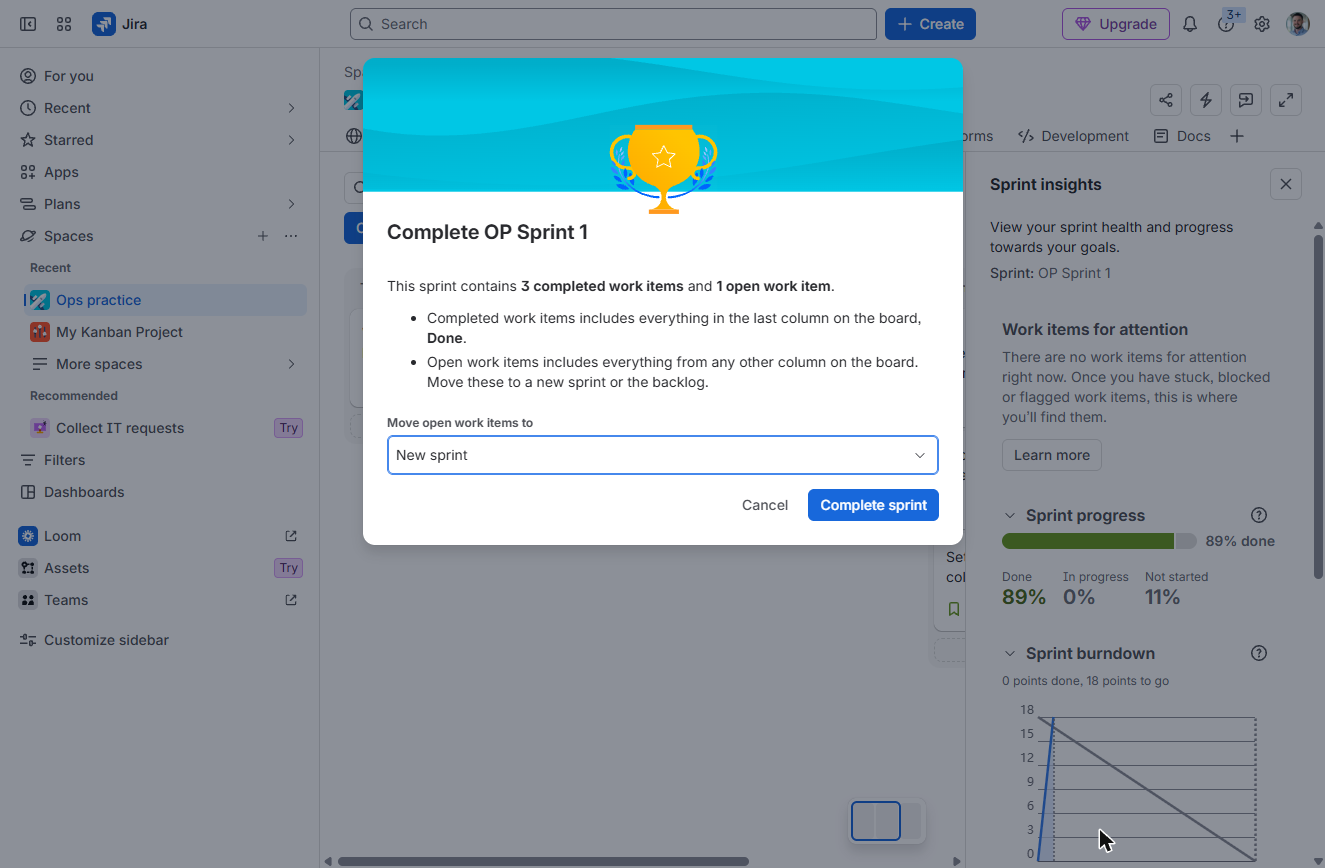 Jira Complete OP Sprint 1 dialog: 3 completed work items and 1 open work item