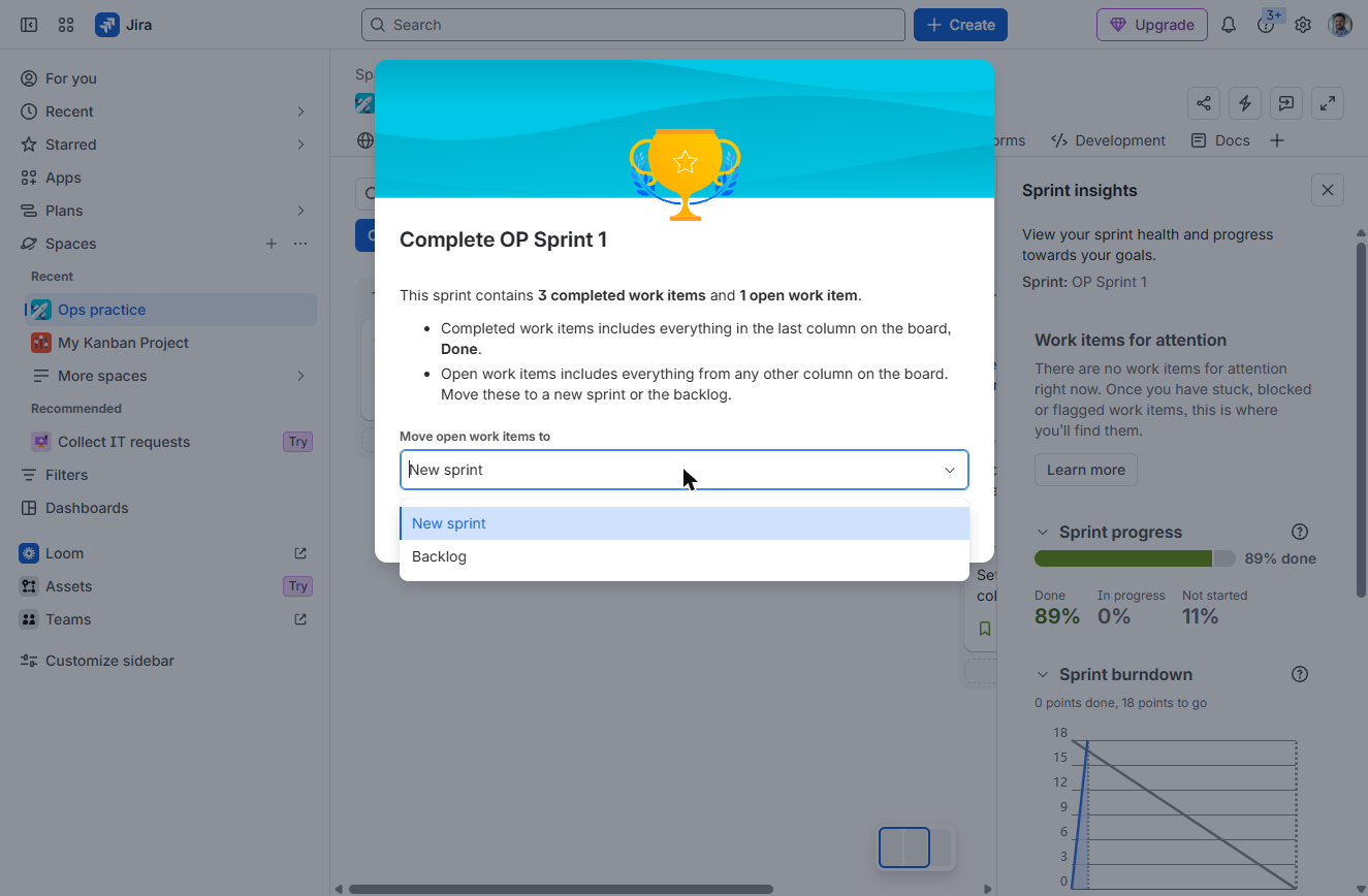 Jira Move open work items to: New sprint or Backlog