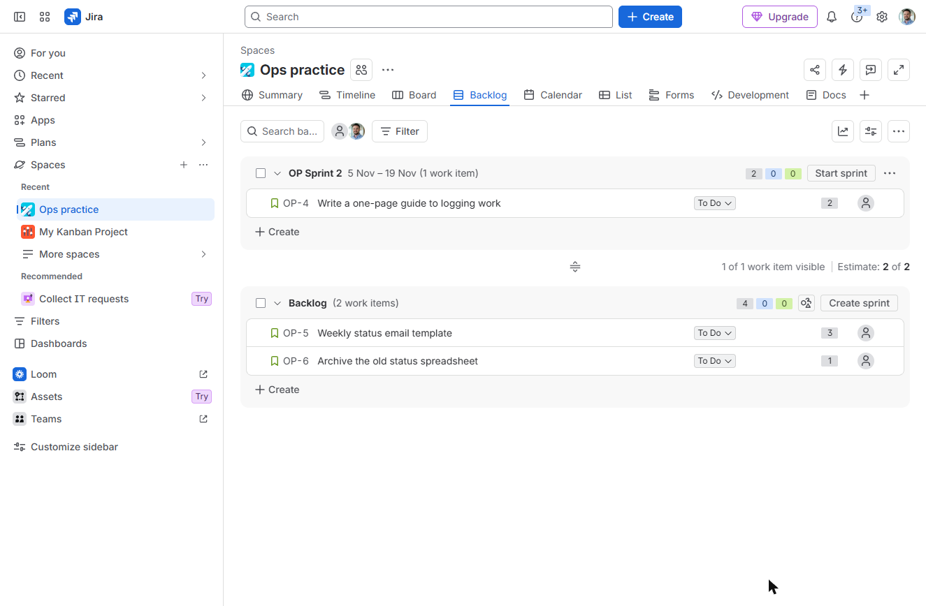 Jira backlog after completing the sprint: OP-4 rolled into OP Sprint 2