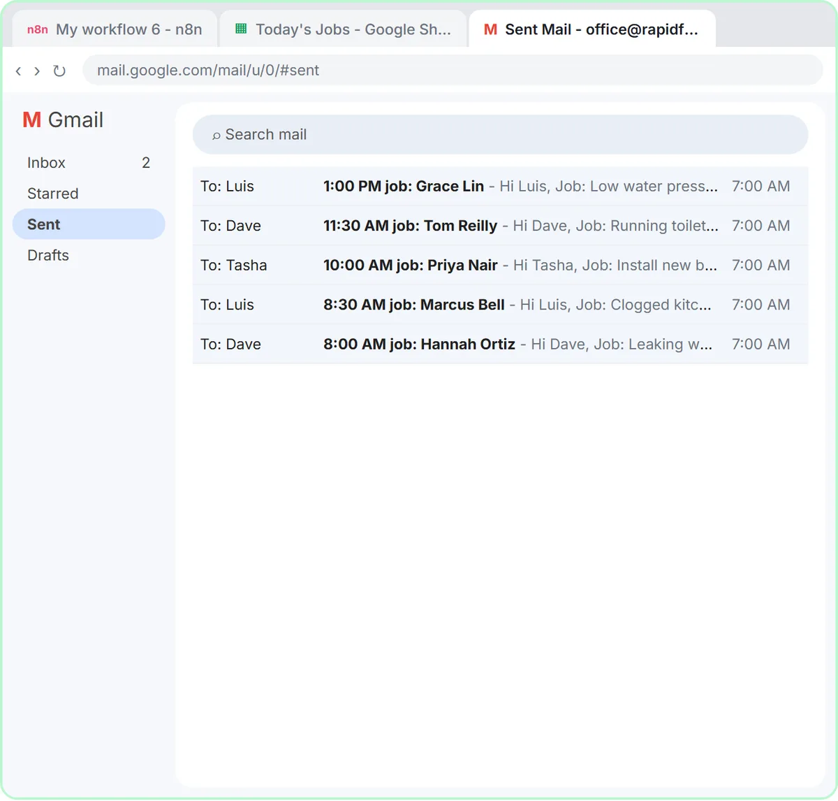 Office Gmail Sent folder with five job emails sent to Dave, Luis and Tasha at 7:00 AM