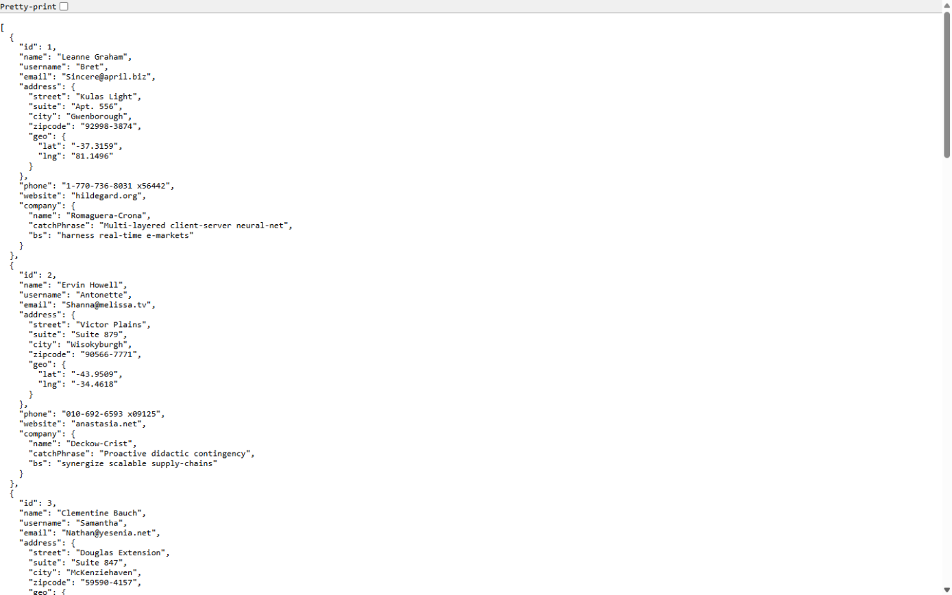 The JSONPlaceholder users address in Chrome: a list of users with name, email, address and company