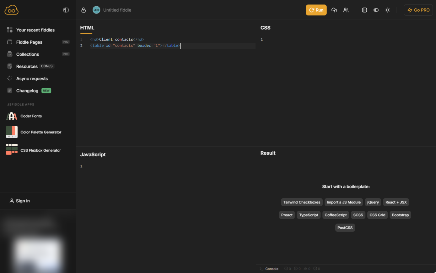 HTML panel with a Client contacts heading and an empty table with a border