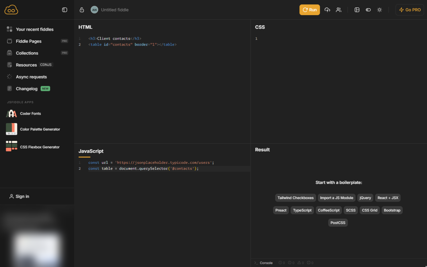 JavaScript with the API address and the table found by its id