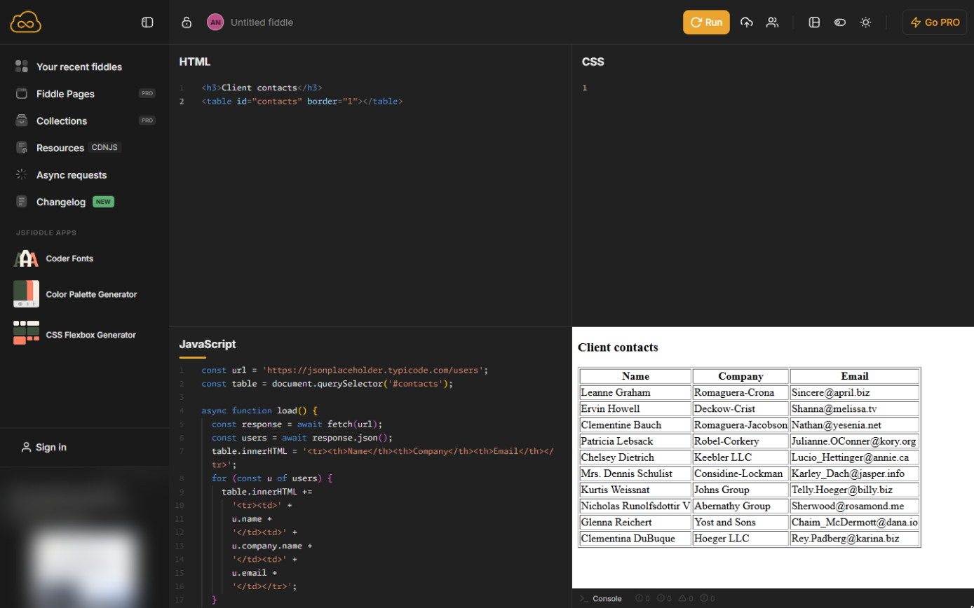 Result: a Client contacts table with ten names, company names and emails from the API