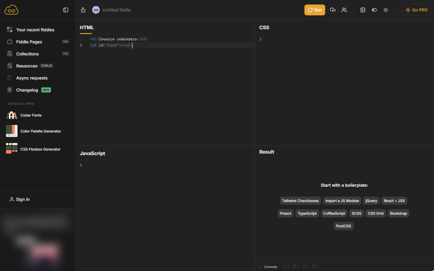 JSFiddle HTML panel with an Invoice reminders heading and an empty list