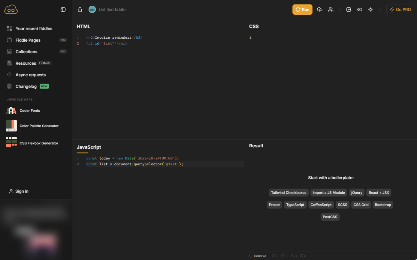 JavaScript with today set to 24 October 2026 and the list found by its id