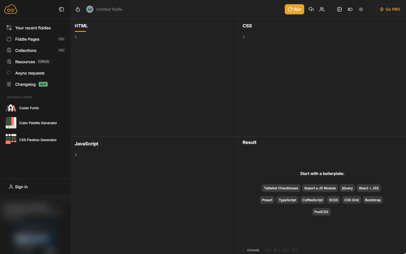 An empty JSFiddle with HTML, CSS, JavaScript and Result panels