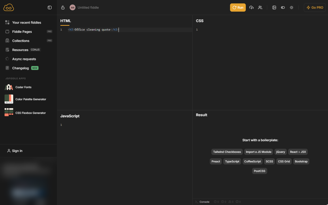 JSFiddle HTML panel with an h3 heading Office cleaning quote