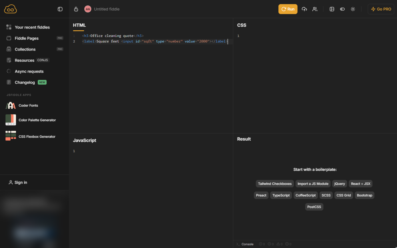 A Square feet number input added in the HTML panel