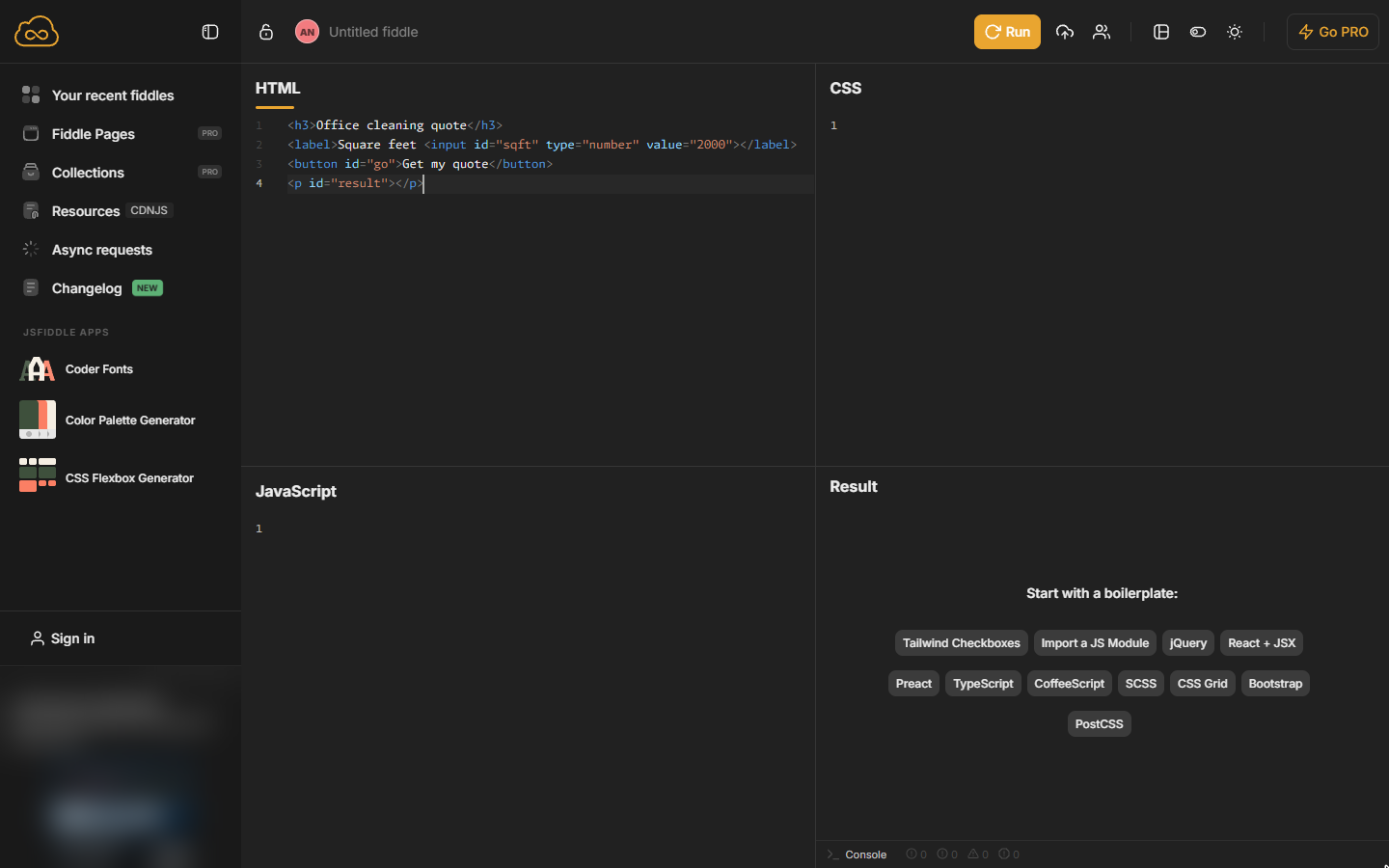 The four HTML lines: heading, input, Get my quote button and an empty result paragraph
