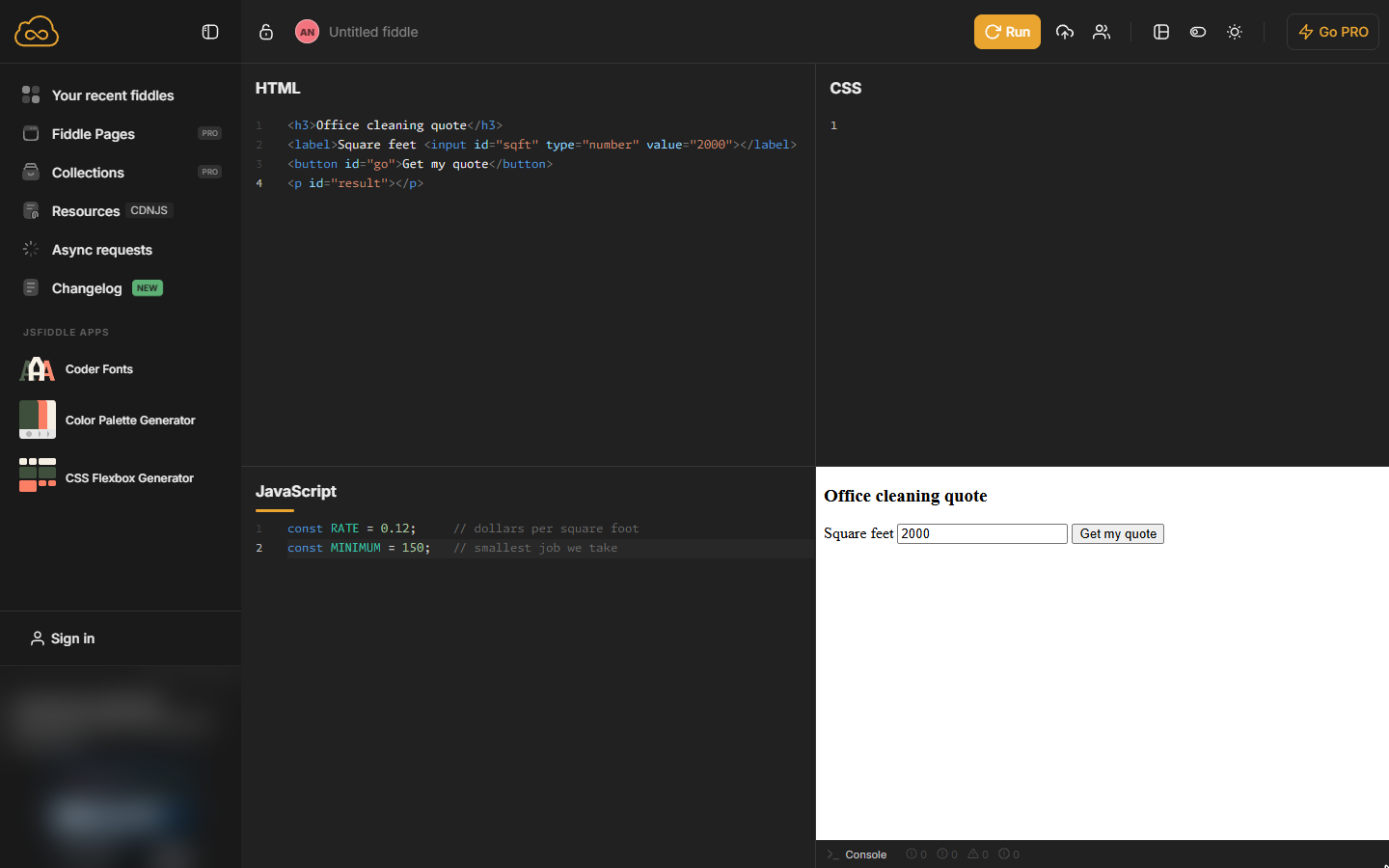 JavaScript panel with const RATE = 0.12 and const MINIMUM = 150