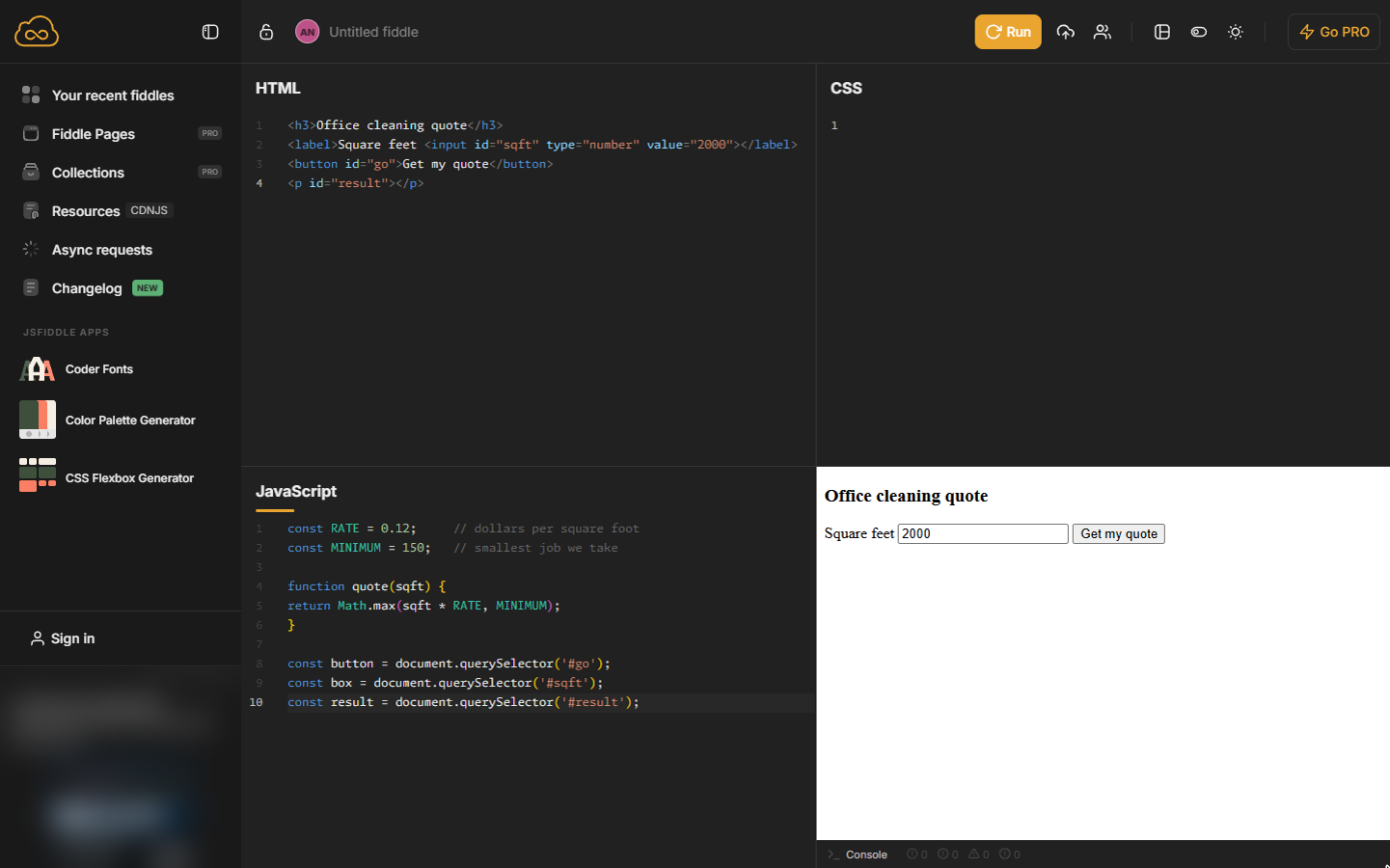 Three document.querySelector lines for the button, box and result