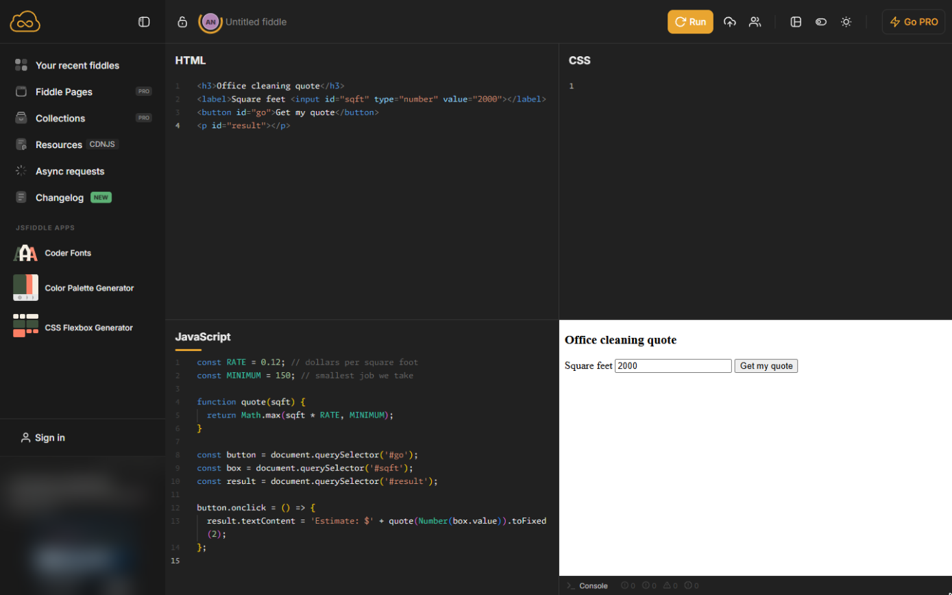 The JavaScript tidied with indented lines