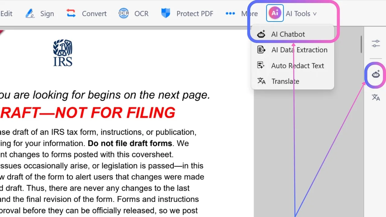 KDAN PDF for Windows with the AI Tools menu open, showing AI Chatbot, AI Data Extraction, Auto Redact Text and Translate, and the AI Chatbot icon in the right toolbar.