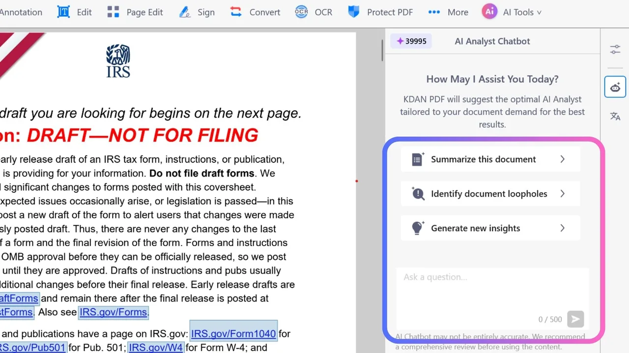 KDAN's AI Analyst Chatbot panel with the suggested prompts Summarize this document, Identify document loopholes and Generate new insights, and an Ask a question box limited to 500 characters.