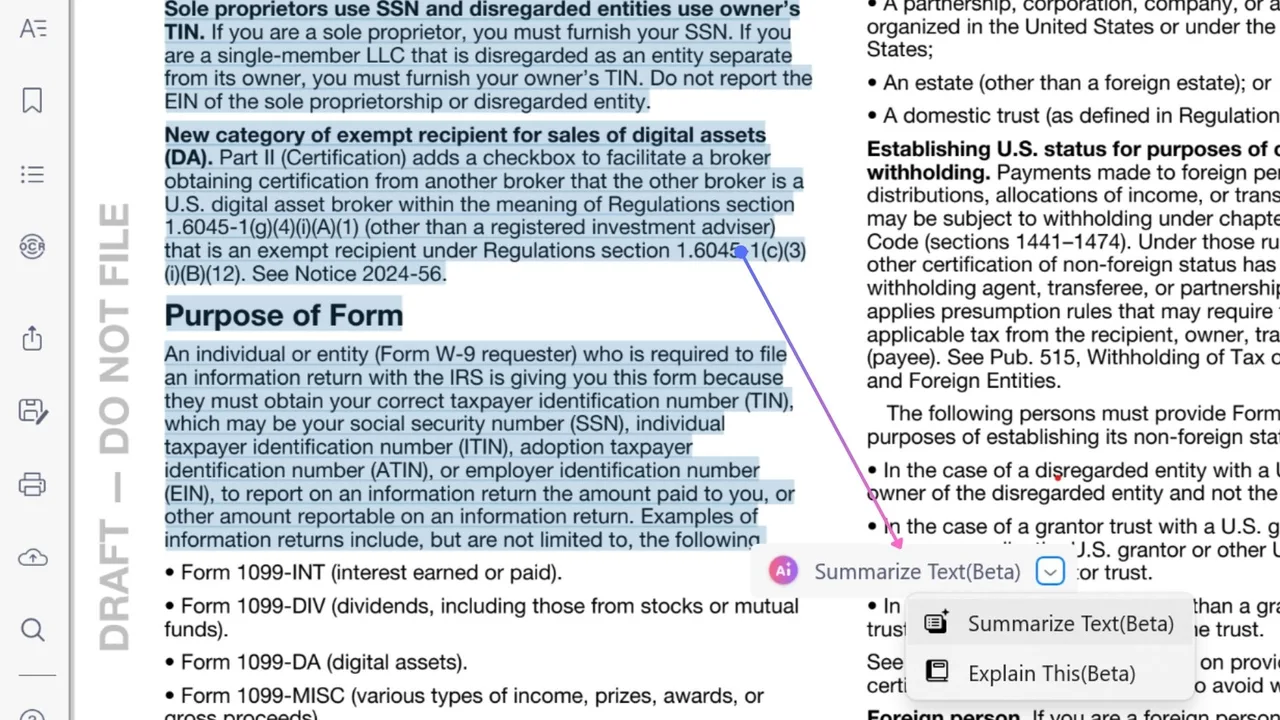 Selected text in KDAN PDF with the AI quick menu open, offering Summarize Text (Beta) and Explain This (Beta).