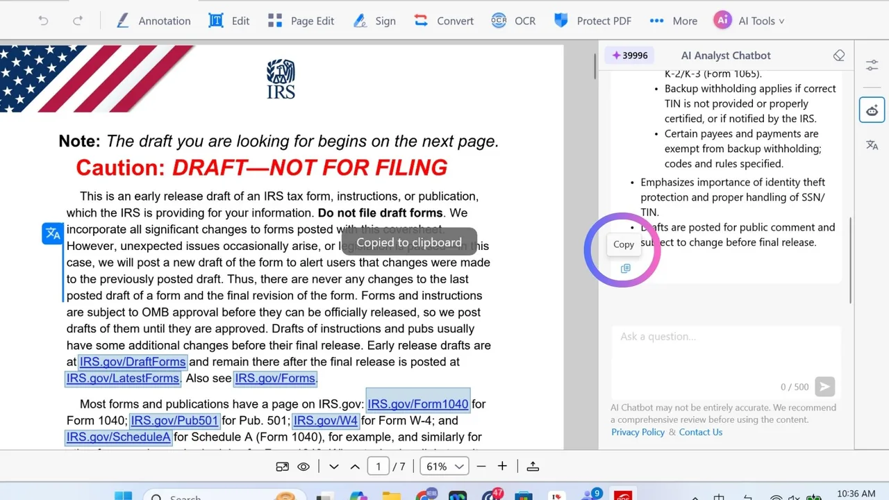 An AI Analyst Chatbot response in KDAN PDF with the Copy button under it and a Copied to clipboard message.