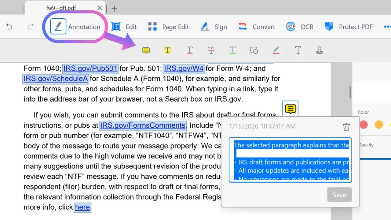 KDAN PDF's Annotation toolbar with the Note tool, and a note on the page holding the pasted chatbot answer with a Save button.