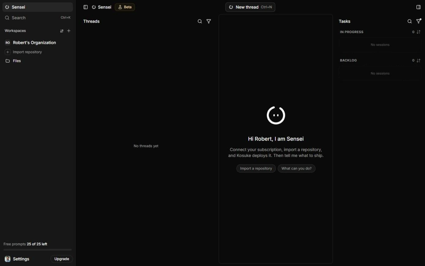Kosuke Sensei home with Robert's Organization, Import repository and Settings in the sidebar
