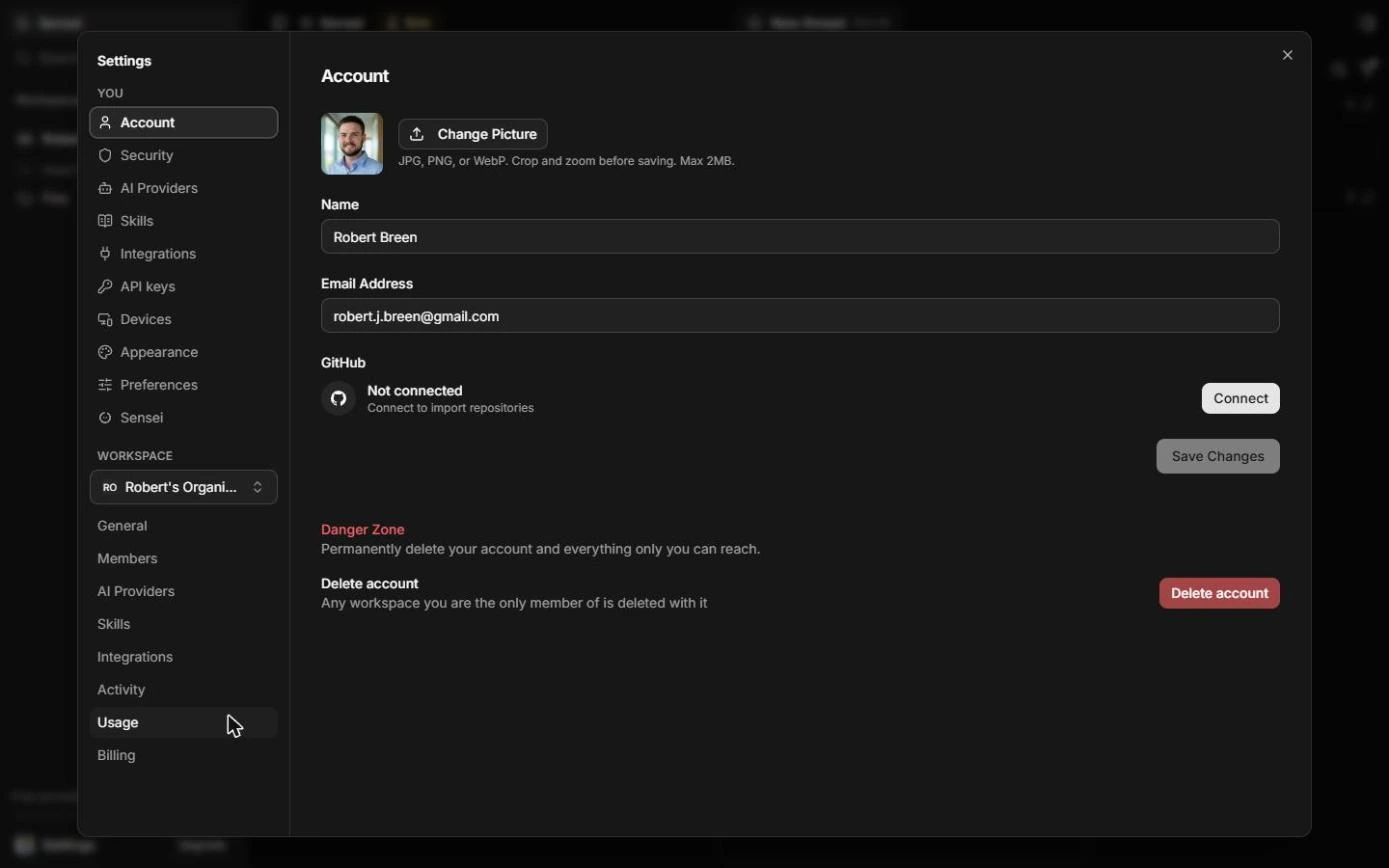 Kosuke Settings, Account page, with GitHub Not connected and a Connect button