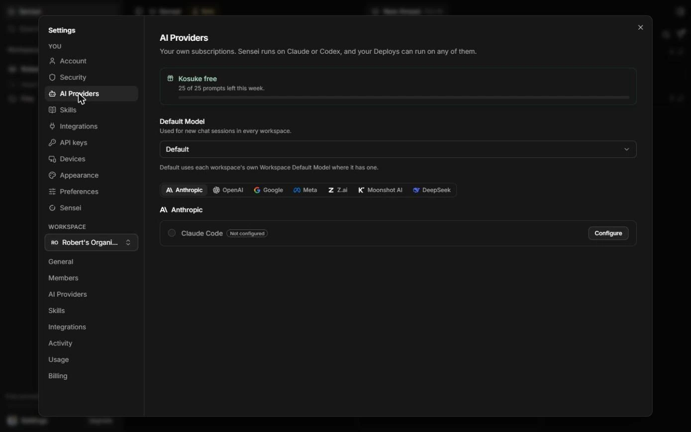 Kosuke Settings, AI Providers, with Claude Code Not configured and a Configure button