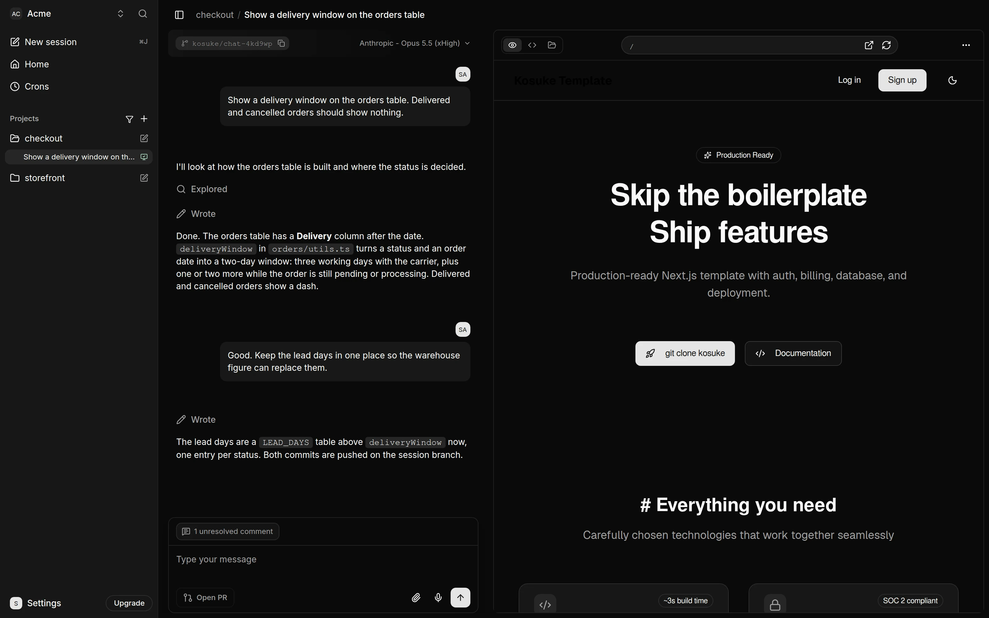 Kosuke chat session for Show a delivery window on the orders table, with the live Preview on the right