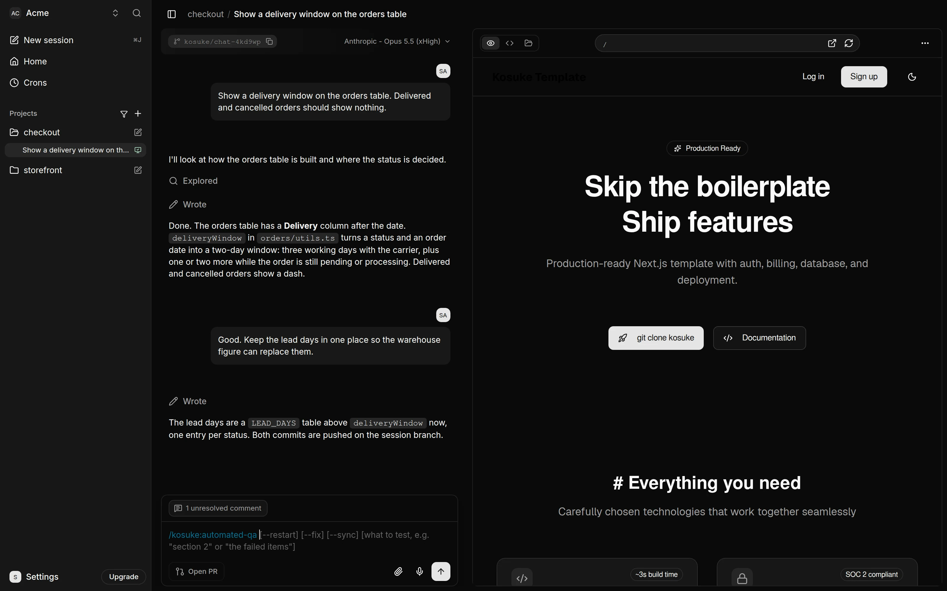 Kosuke message box with /kosuke:automated-qa typed and its options --restart, --fix and --sync