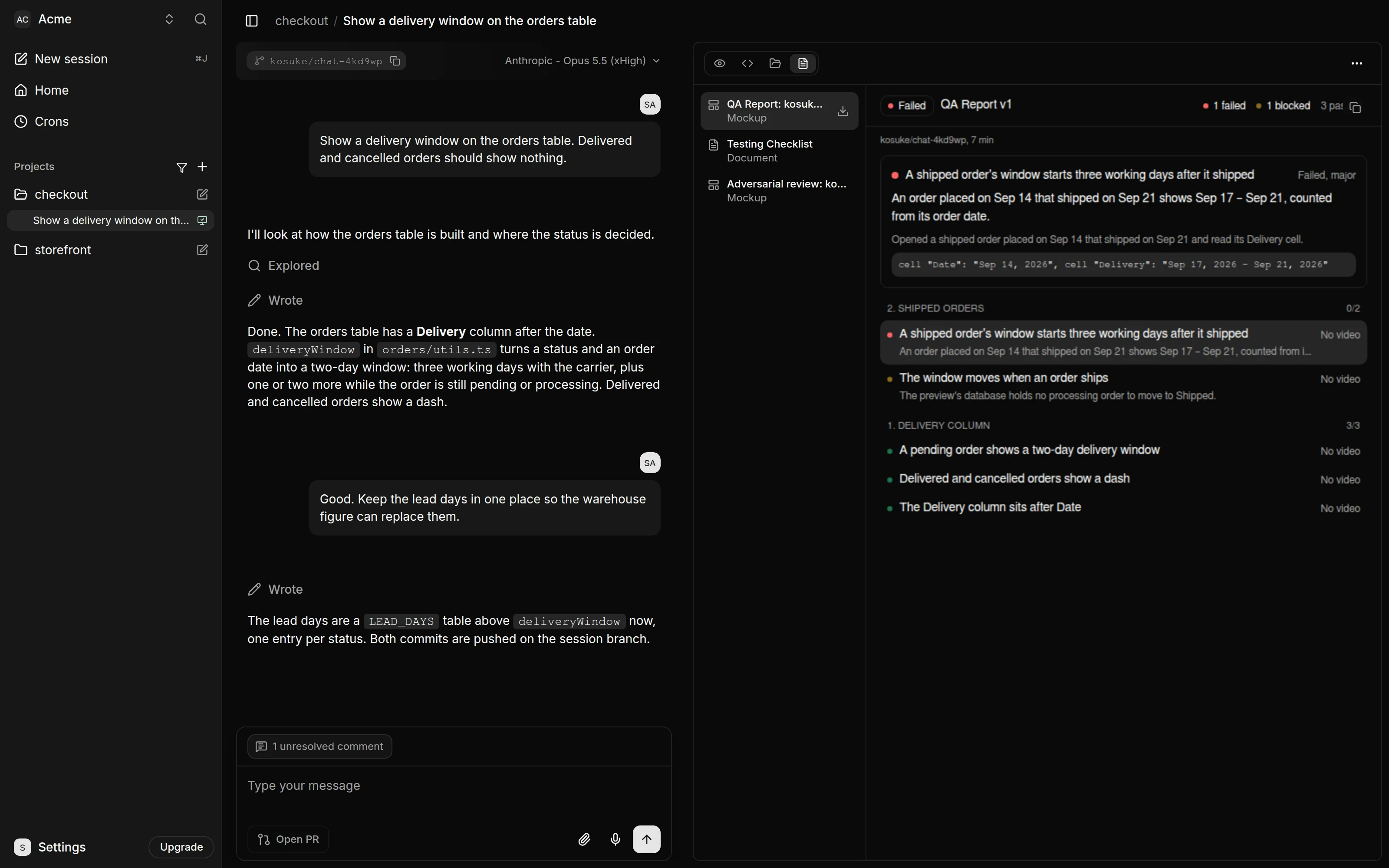 Kosuke QA Report v1 marked Failed: 1 failed, 1 blocked, 3 passed, with the Testing Checklist in Artifacts