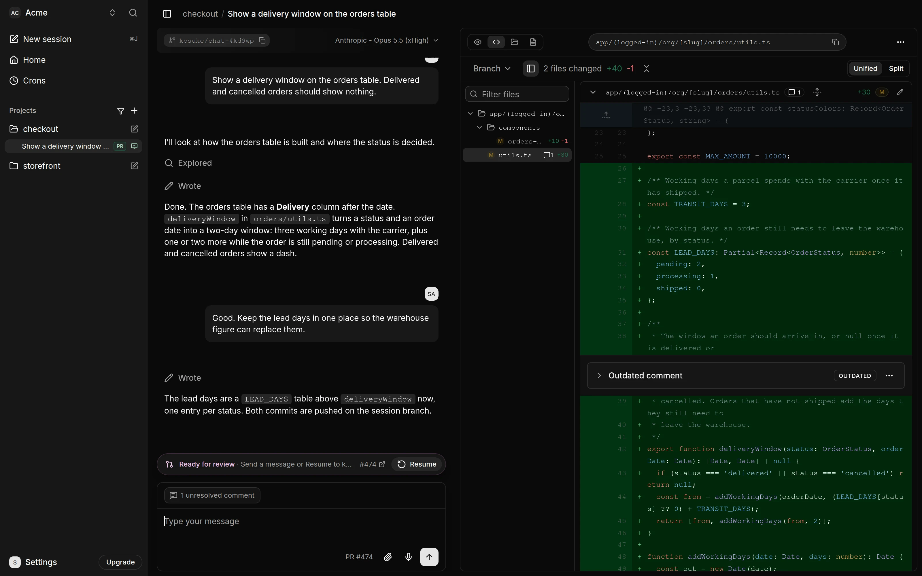 Kosuke session with the Ready for review banner and pull request #474