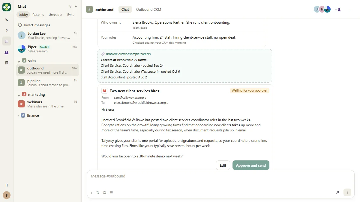 Practice copy of a Kylon room: the sales agent's reason for writing to an accounting firm (what changed, who owns it, your rules), the careers page it came from, and a first email waiting for approval