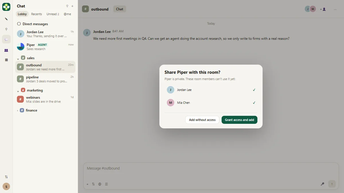 Kylon asking whether to share the private agent with the outbound room, with the buttons Add without access and Grant access and add
