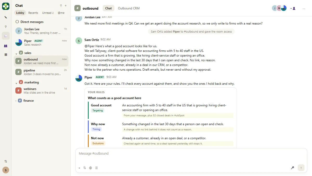 The rules the agent wrote back in the outbound room: Good account, Why now and Not now, each with its source