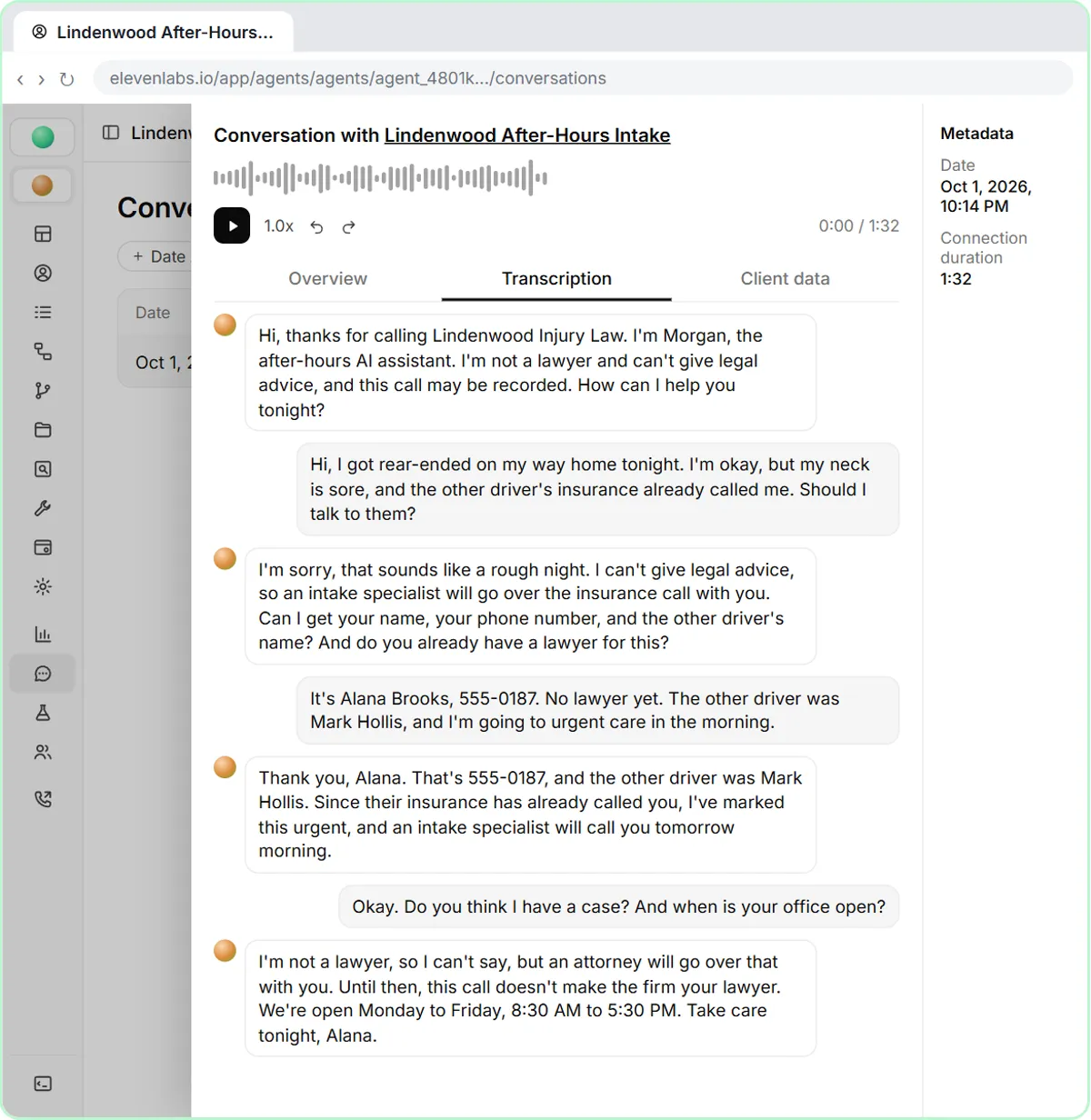 Conversations drawer showing the full transcript of the test call on the Transcription tab