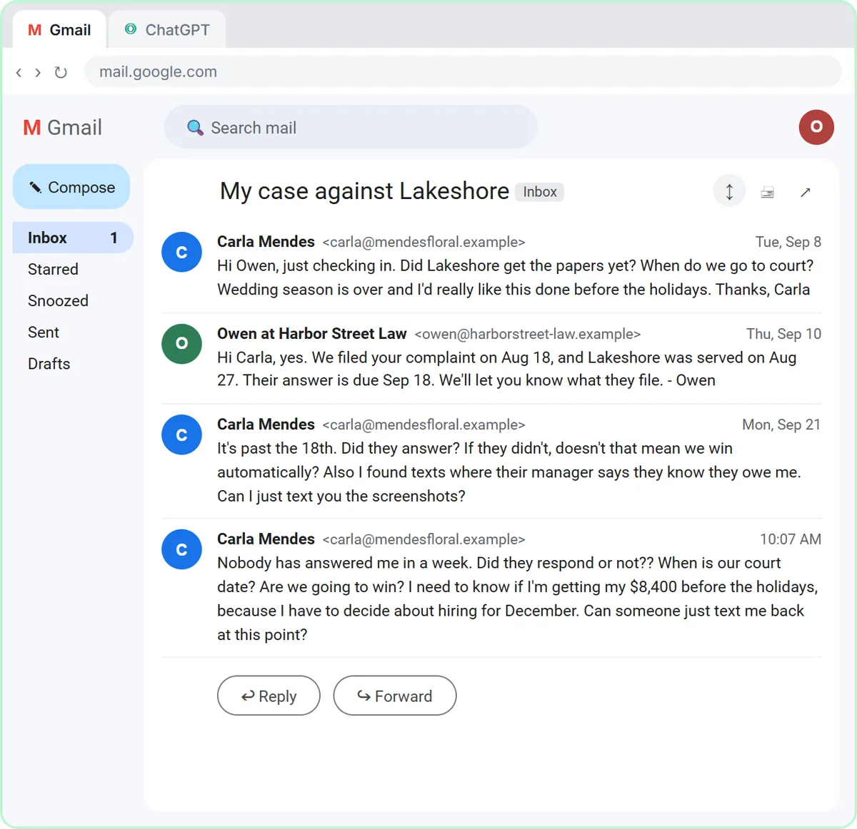Gmail thread between a small law firm and a client suing an event venue: the client asks whether the venue responded, when her court date is, whether she will win, and if she can text screenshots.