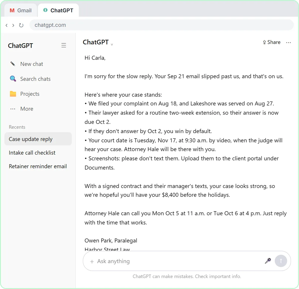 ChatGPT's first draft of the case update, which says the client wins by default if the venue misses its deadline, calls a scheduling conference her court date, and predicts she will be paid before the holidays.