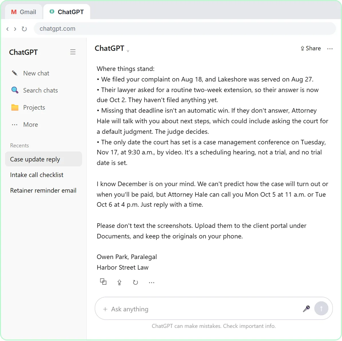 The corrected case update in ChatGPT: the new deadline, what happens if it is missed, the scheduling conference described as not a trial, no prediction of the outcome, a call offer, and the secure portal for screenshots.