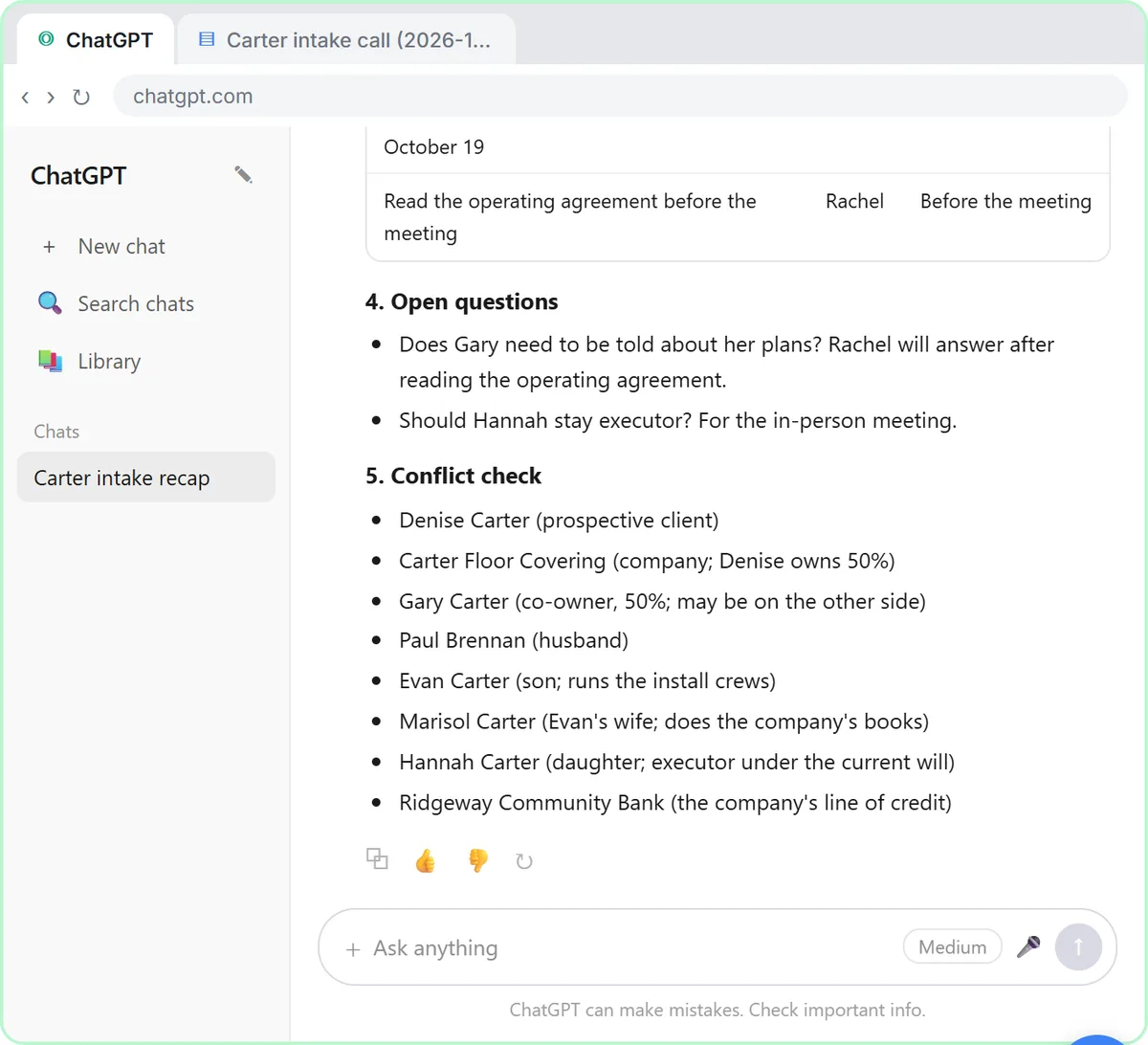 ChatGPT answer with two open questions and a separate Conflict check section listing eight people and businesses from the intake call, each with a role
