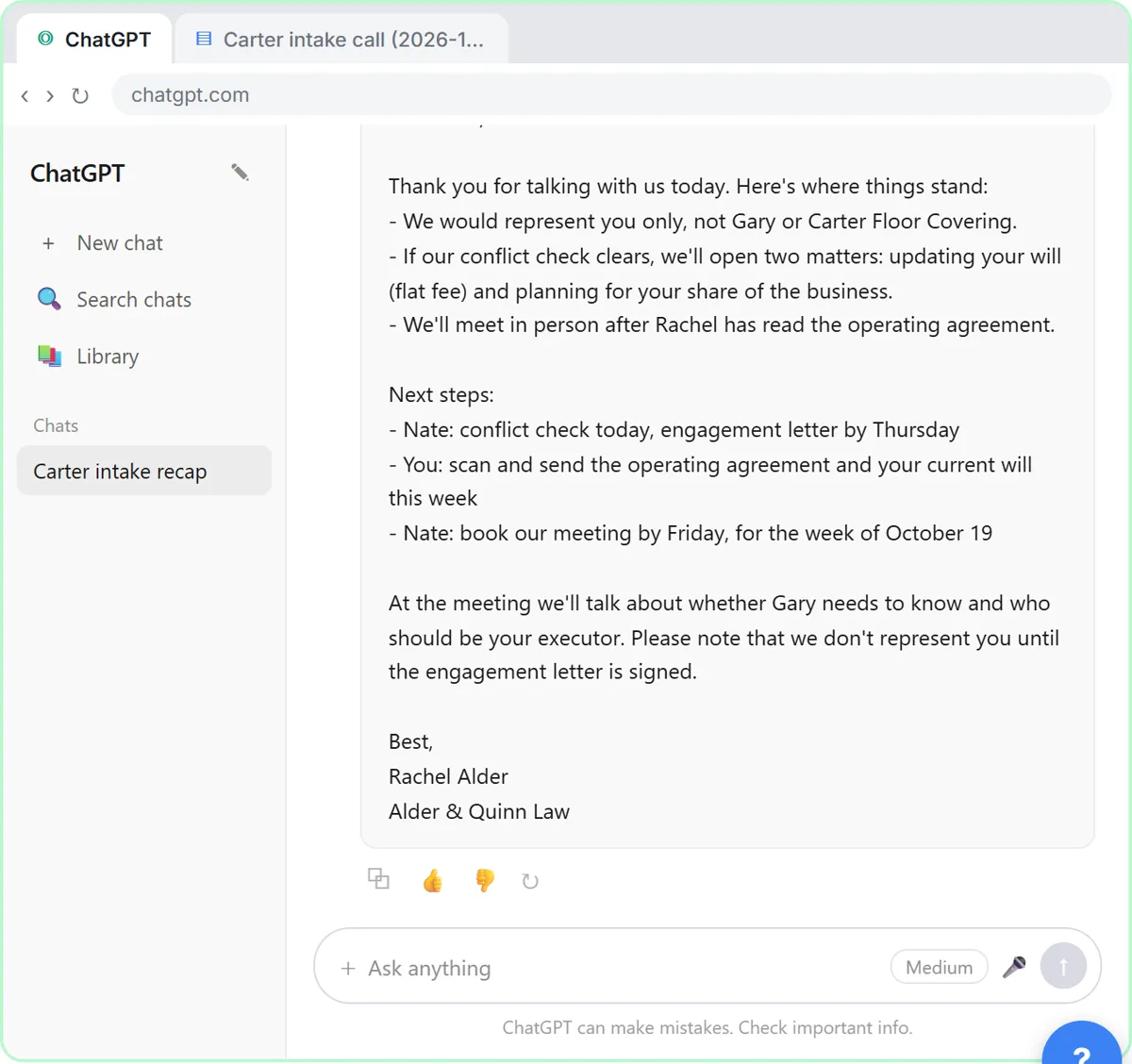 ChatGPT follow-up email to the prospective client with what was agreed, next steps and a note that the firm doesn't represent her until the engagement letter is signed