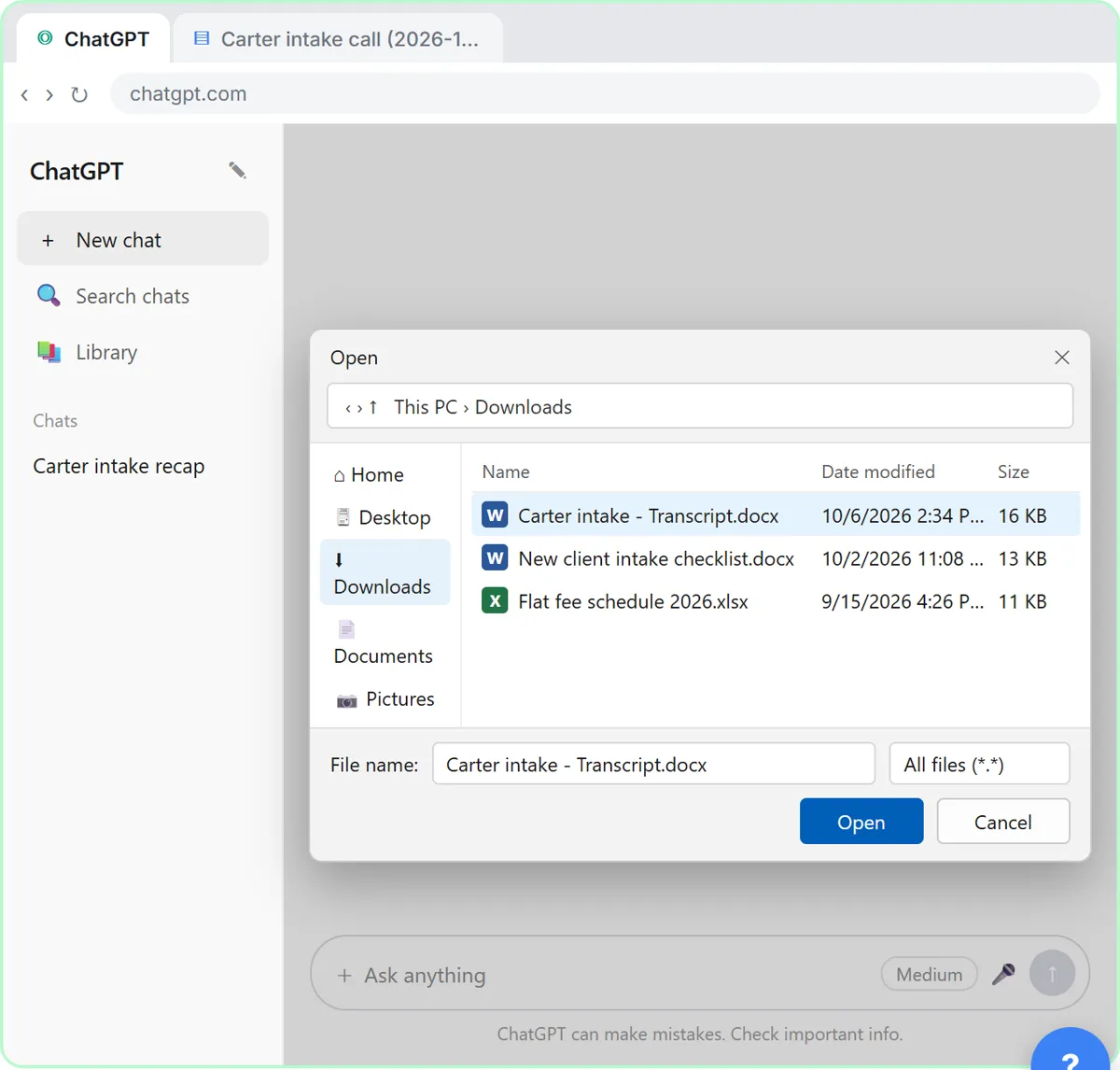 Windows Open dialog over ChatGPT with the intake call transcript Word file selected for upload