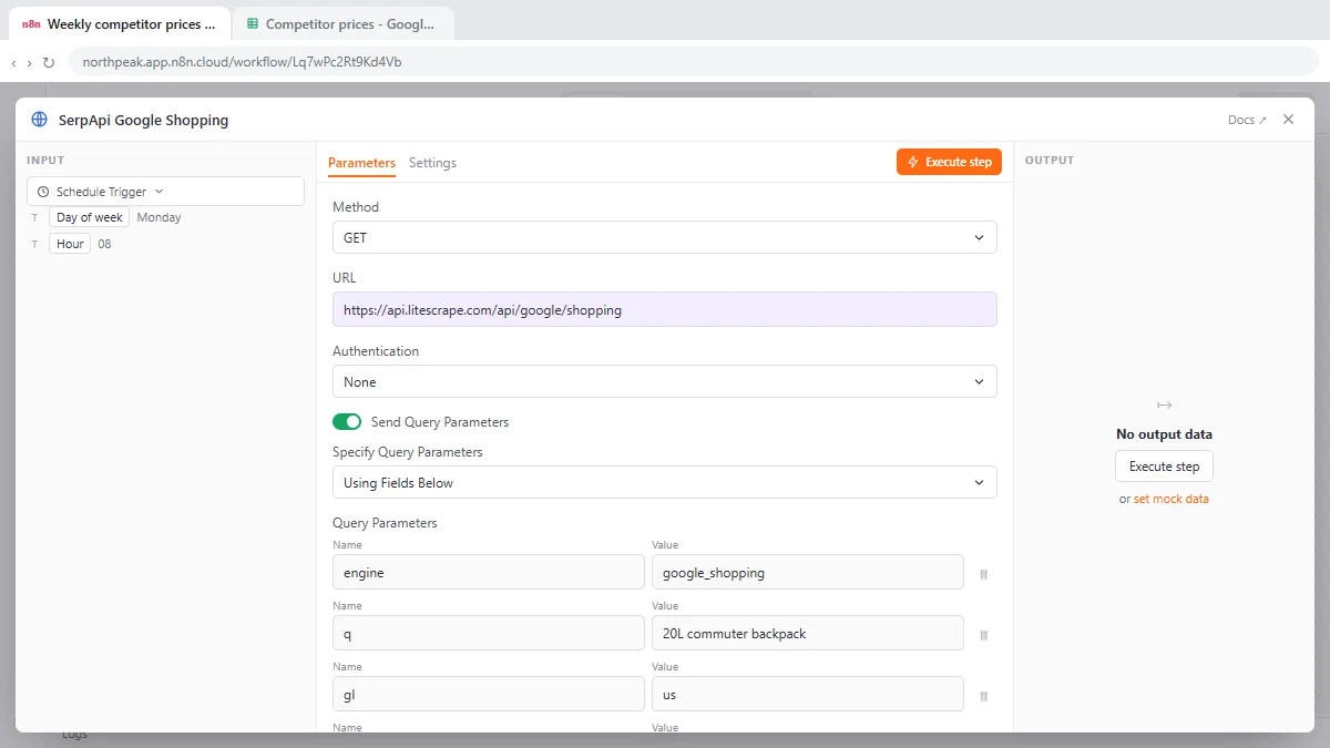 The n8n HTTP Request node with the URL changed to api.litescrape.com/api/google/shopping and the old SerpApi query parameters, before engine and api_key are removed