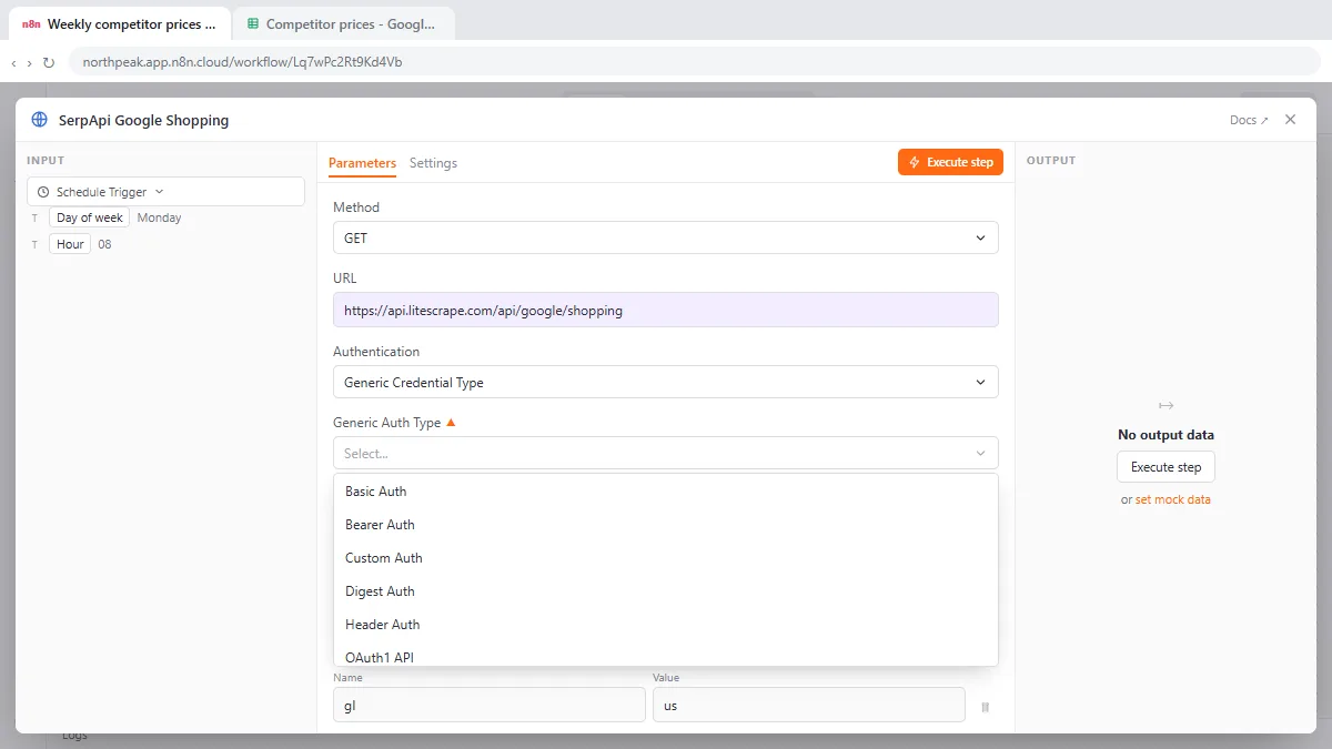 The Generic Auth Type drop-down in the n8n HTTP Request node, with Basic Auth, Bearer Auth, Custom Auth, Digest Auth and Header Auth