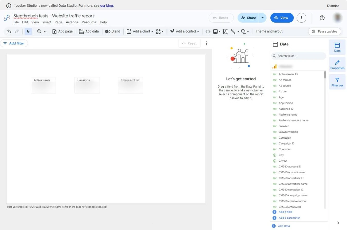 Data Studio report with three scorecards: Active users, Sessions and Engagement rate; values blurred