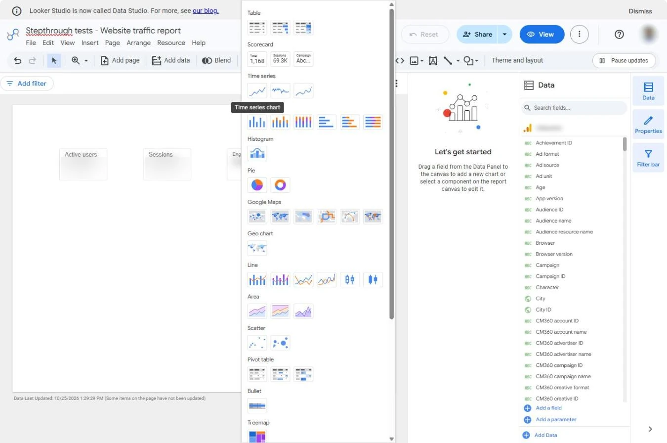 Data Studio Add a chart menu with the Time series chart highlighted