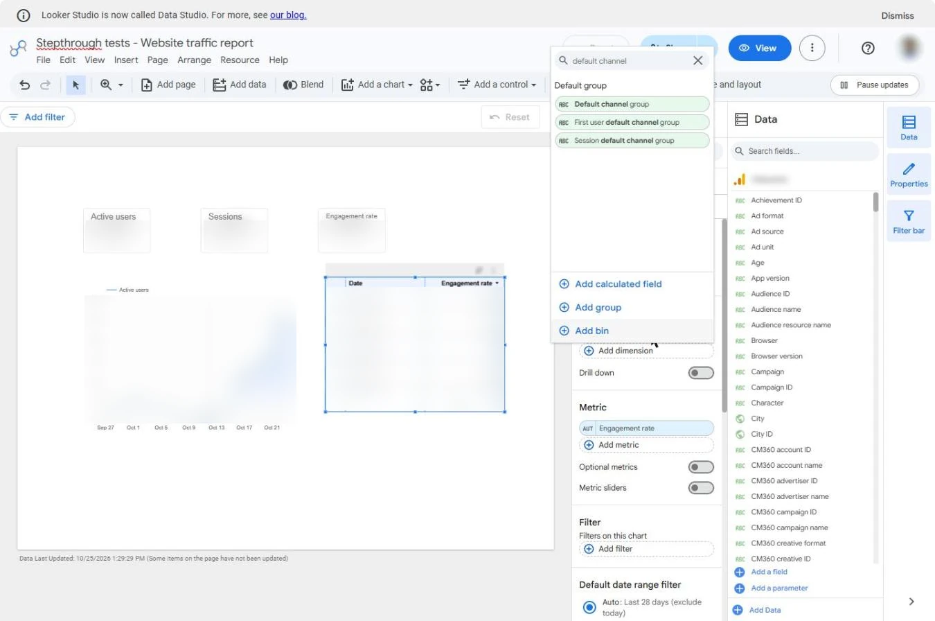 Dimension search for default channel: Default channel group, First user default channel group, Session default channel group