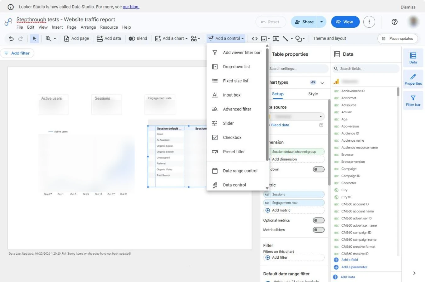 Data Studio Add a control menu with Date range control