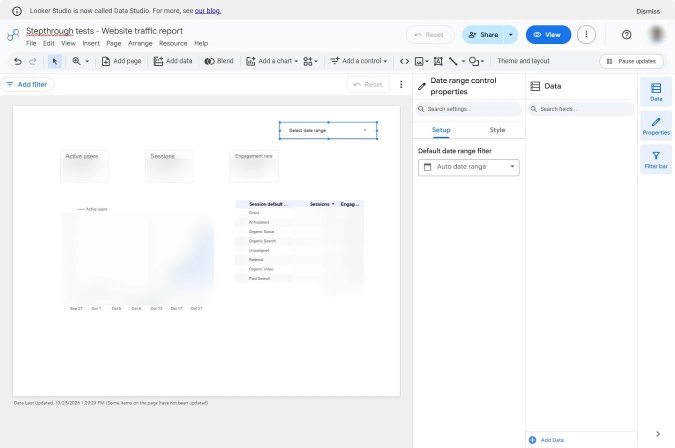 A Select date range control placed at the top right of the report