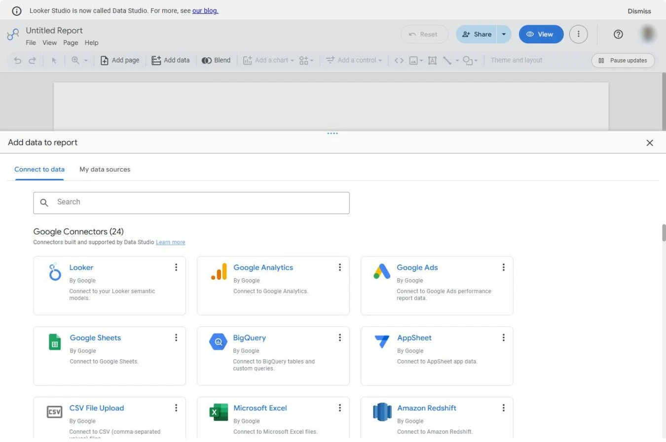 Data Studio Add data to report panel with the Google Analytics, Google Sheets and BigQuery connectors