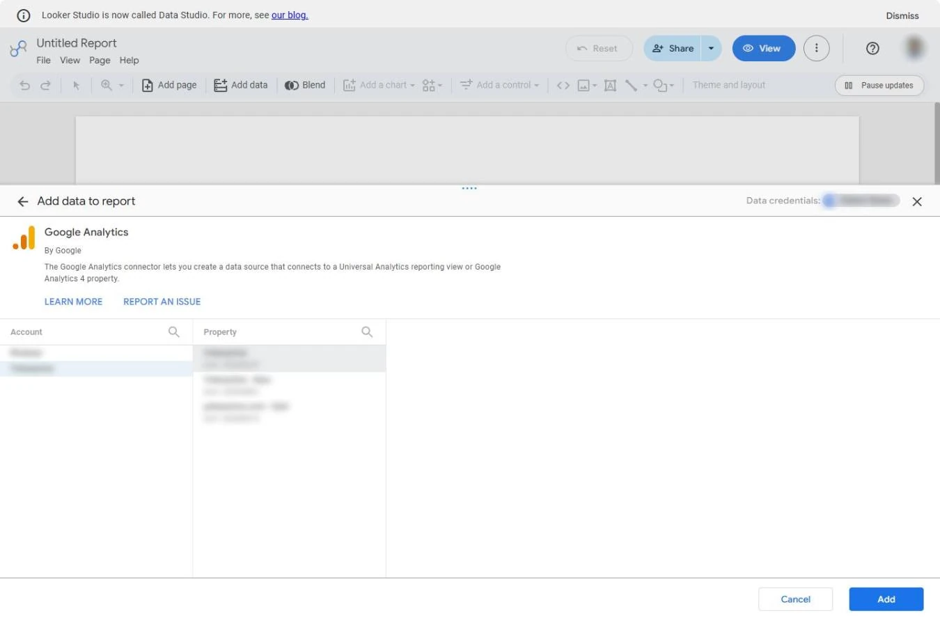Google Analytics connector in Data Studio: Account and Property columns (names blurred) and the Add button
