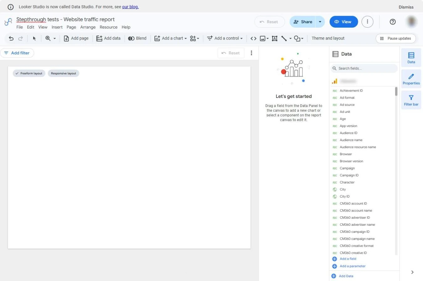 New Data Studio report named Stepthrough tests - Website traffic report, with the GA4 fields in the Data panel