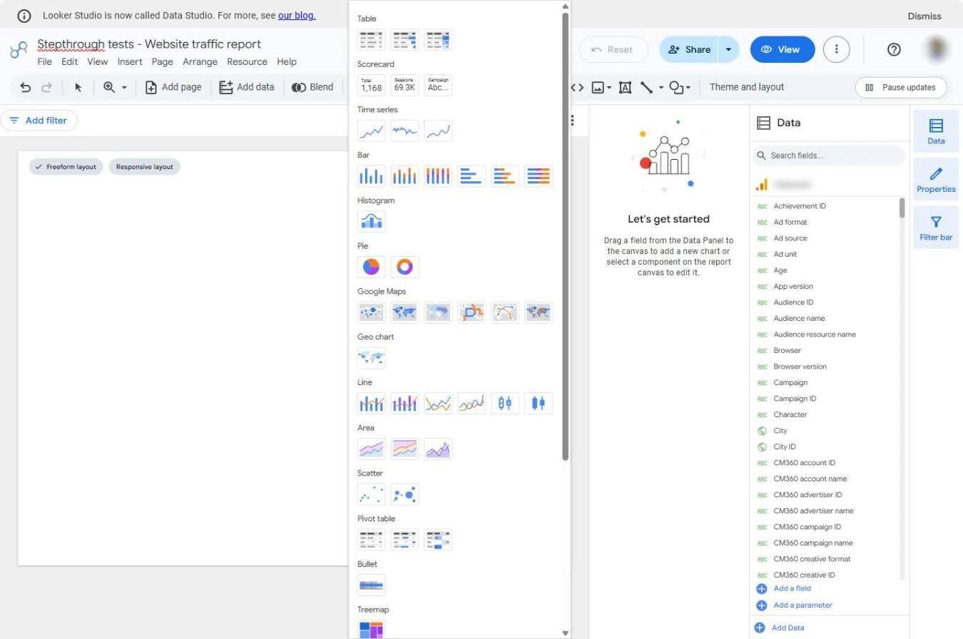 Data Studio Add a chart menu with Table, Scorecard, Time series and Bar charts